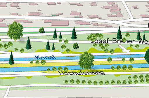 Höllriegelskreuth, Höhe Josef-Breher-Weg: Die Wälder auf beiden Seiten der Isar laden zum Spazieren gehen ein.