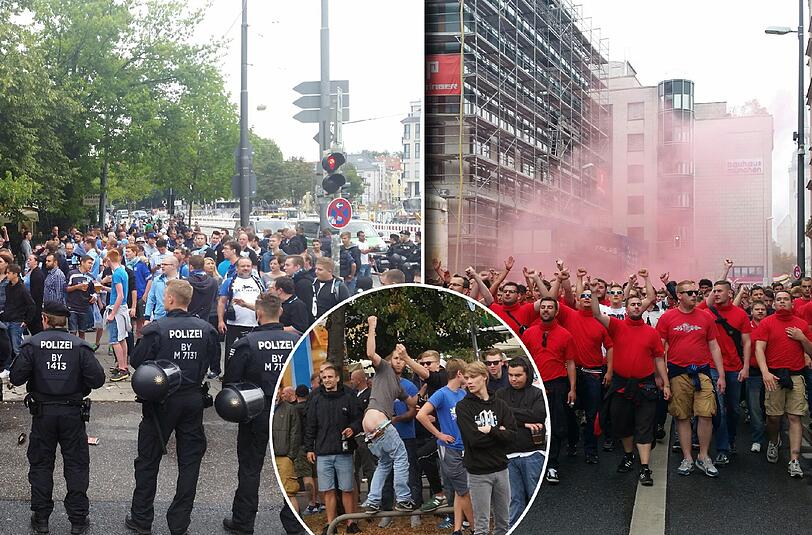 Derby-Stimmung in München: Unter Beobachtung der Polizei versammelten sich die Bayernfans am Vormittag im Tal. Vor dem Grünwalder Stadion kamen die Löwenfans dazu. Rund Tausend Beamte sind im Einsatz.