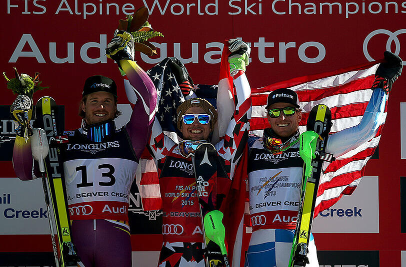 Glücklicher Sieger: Der Österreicher Marcel Hirscher zwischen dem Norweger Kjetil Jansrud (l, Silber) und dem US-Amerikaner Ted Ligety (Bronze)