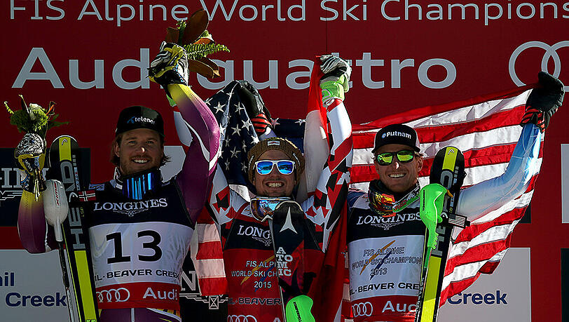 Glücklicher Sieger: Der Österreicher Marcel Hirscher zwischen dem Norweger Kjetil Jansrud (l, Silber) und dem US-Amerikaner Ted Ligety (Bronze) Glücklicher Sieger: Der Österreicher Marcel Hirscher zwischen dem Norweger Kjetil Jansrud (l, Silber) und dem US-Amerikaner Ted Ligety (Bronze)
