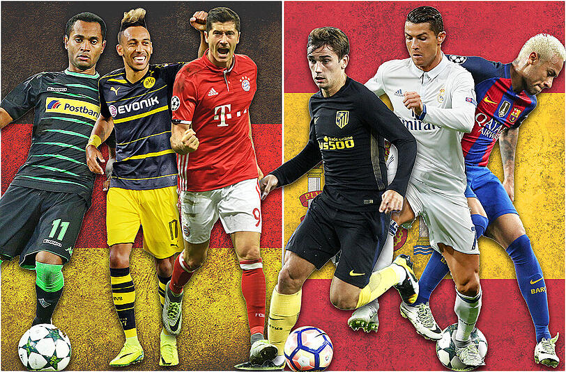 Deutsch-spanische Duelle: Gladbach mit Raffael (l.) trifft auf Barça mit Neymar, der BVB um Aubameyang (2.v.l.) auf Real mit Ronaldo &ndash; und Bayern um Lewandowski (3.v.l.) auf Atlético mit Griezmann.