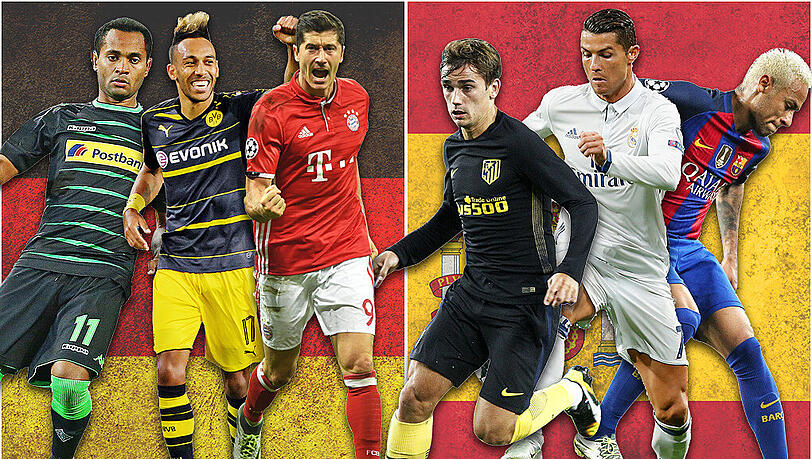 Deutsch-spanische Duelle: Gladbach mit Raffael (l.) trifft auf Barça mit Neymar, der BVB um Aubameyang (2.v.l.) auf Real mit Ronaldo – und Bayern um Lewandowski (3.v.l.) auf Atlético mit Griezmann. Deutsch-spanische Duelle: Gladbach mit Raffael (l.) trifft auf Barça mit Neymar, der BVB um Aubameyang (2.v.l.) auf Real mit Ronaldo – und Bayern um Lewandowski (3.v.l.) auf Atlético mit Griezmann.