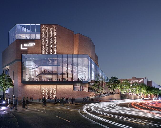 Der neue Gasteig nach den Plänen des Büros Henn mit einer erweiterten Glashalle zwischen Bibliothek und Philharmonie und einem Restaurant auf dem Dach.