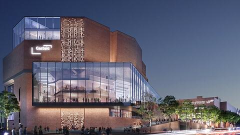 Der neue Gasteig nach den Plänen des Büros Henn mit einer erweiterten Glashalle zwischen Bibliothek und Philharmonie und einem Restaurant auf dem Dach.