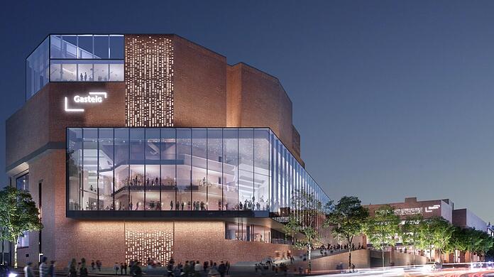 Der neue Gasteig nach den Plänen des Büros Henn mit einer erweiterten Glashalle zwischen Bibliothek und Philharmonie und einem Restaurant auf dem Dach.