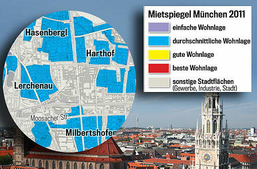 Die Lage macht&rsquo;s: Je nach farblicher Markierung fällt auch die Grundmiete unterschiedlich hoch aus. Der Mietspiegel gilt ab 20. März 2013. Wohnen Sie in bester Lage? Einfach weiterklicken!