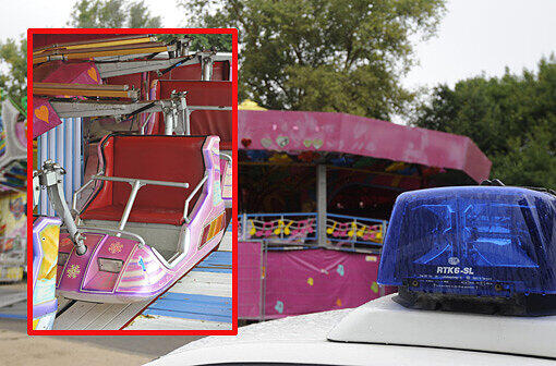 Das Karussel Disco Star auf dem Volksfest in Hemau: Drei Mädchen im Alter zwischen neun und elf Jahren sind am Dienstagabend schwer verletzt worden, als eine Haltestange bei voller Fahrt plötzlich brach und sich die Gondel löste, in der die Mädchen saßen. Die Bilder