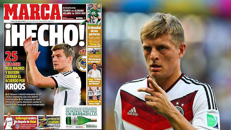 Die spanische "Marca" gilt als Hauszeitung von Real Madrid. Sie berichtet am Donnerstag, dass der Kroos-Wechsel zu den Königlichen endlich in trockenen Tüchern ist. Die spanische "Marca" gilt als Hauszeitung von Real Madrid. Sie berichtet am Donnerstag, dass der Kroos-Wechsel zu den Königlichen endlich in trockenen Tüchern ist.
