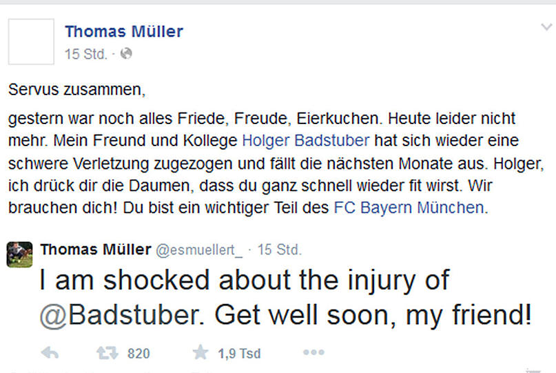 Thomas Müller nimmt die Nachricht richtig mit. Er drückt seine Gefühle auf Twitter und Facebook aus.