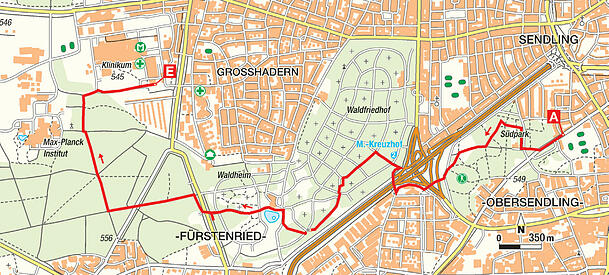 Route über den Waldfriedhof Route über den Waldfriedhof