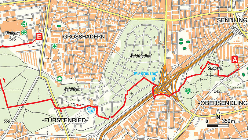 Route über den Waldfriedhof Route über den Waldfriedhof