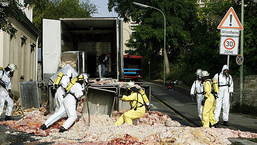 Feuerwehrmänner mit schwerem Atemschutz bergen die Alu-Behälter, aus denen sich das Ekel-Fleisch auf die Straße ergossen hat. Feuerwehrmänner mit schwerem Atemschutz bergen die Alu-Behälter, aus denen sich das Ekel-Fleisch auf die Straße ergossen hat.