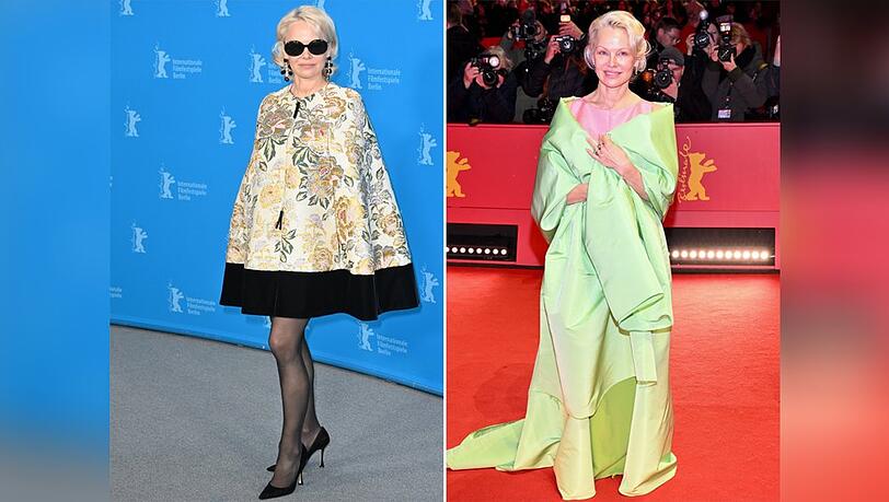 Pamela Anderson kam zur Pressekonferenz in Blumencape und Sonnenbrille, abends strahlte sie in einer pastellfarbenen Robe.