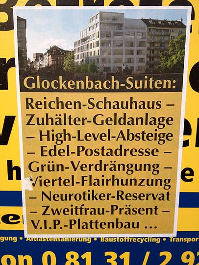 Vom "Blick aufs Ganze" - wie es das Abbruchunternehmen auf seinem Transparent verspricht - werden die alteingesessenen Bewohner der Häuser hinter den Glockenbachsuiten in Zukunft wohl nur träumen können....