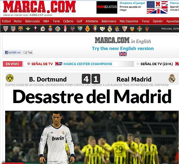 "Desaster von Madrid", urteilt auch "Marca.com" über die Real-Pleite. `Desaster für Real! Am schwarzen Himmel über Dortmund strahlt nur Lewandowskis Stern. Die dunkelste Nacht &ndash; der deutsche Fluch ist lebendiger denn je. Wieder mal geht Madrid im verfluchten Land baden, wird verprügelt. Eine Dampfwalze überrollt Real. Robert 
Lewandowski zerstört Madrid mit vier Toren.