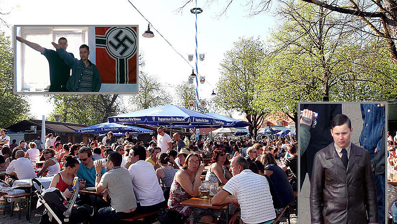Neonazi Philipp Hasselbach und sein Gefolge wurden von Gästen aus dem Hirschgarten vertrieben. Neonazi Philipp Hasselbach und sein Gefolge wurden von Gästen aus dem Hirschgarten vertrieben.