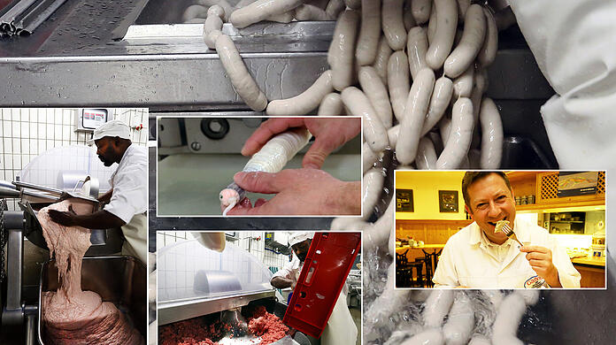 Die Weißwurstproduktion startet früh. Doch die Mühe lohnt: Frisch schmecken Weißwürste herrvorragend.