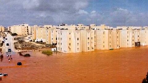 Überflutete Straßen im libyschen Marj. Nach heftigen Unwettern befürchtet die Regierung Tausende Tote.