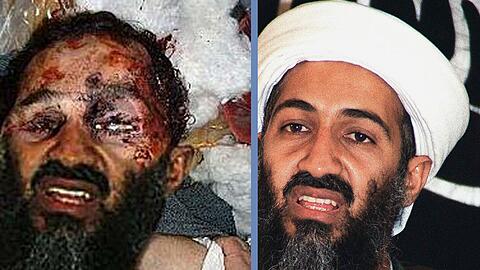 Das offenbar gefälschte Bild eines toten Osama bin Laden und das Fahndungsbild (r.).