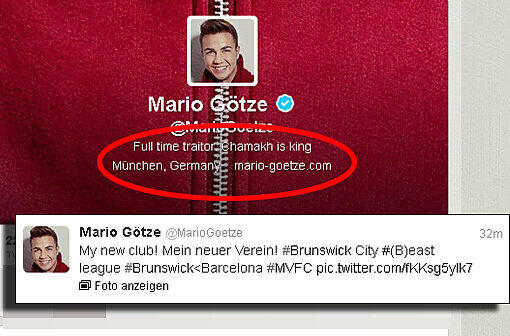 Hacker-Angriff auf den offiziellen Twitter-Account von Mario Götze: Am Freitagvormittag wird Götze plötzlich als &bdquo;Vollzeitverräter&ldquo; (&bdquo;Full time traitor&ldquo;) bezeichnet. Außerdem vermeldet er "seinen neuen Club".