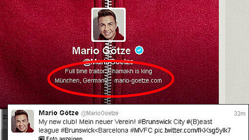 Hacker-Angriff auf den offiziellen Twitter-Account von Mario Götze: Am Freitagvormittag wird Götze plötzlich als „Vollzeitverräter“ („Full time traitor“) bezeichnet. Außerdem vermeldet er "seinen neuen Club". Hacker-Angriff auf den offiziellen Twitter-Account von Mario Götze: Am Freitagvormittag wird Götze plötzlich als „Vollzeitverräter“ („Full time traitor“) bezeichnet. Außerdem vermeldet er "seinen neuen Club".