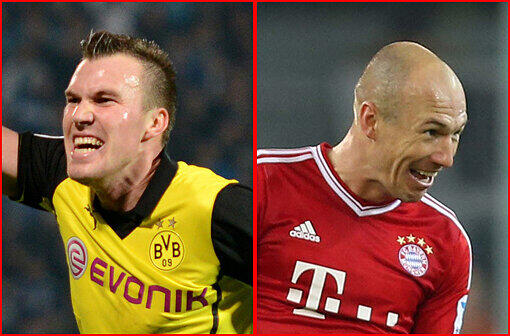 GROSSKREUTZ vs. ROBBEN&bdquo;Das Duell, auf das man&rsquo;s reduzieren könnte: Robben verkörpert Bayerns Weltflair, fußballerischen Hochadel. Großkreutz dafür das Bissige, ehrlichen Pott-Fußball. Beide sind die emotionalen Leader ihrer Teams. Wenn bei Dortmund jemand locker lässt, zeigt Großkreutz ihm kurz die auf seine Wade tätowierte Dortmunder Skyline. Robben hat immer den Fuß auf dem Gas, ist Bayerns Spieler der Saison &ndash; und hat seit Wembley seinen inneren Frieden gefunden.&ldquo;Punkt für Bayern. Stand: 3,5:5,5
