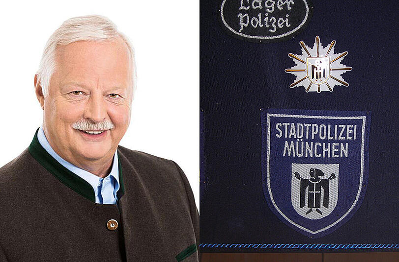 Links: Stadtrat Mario Schmidbauer, der vor wenigen Wochen von der CSU zur Bayernpartei gewechselt ist. Rechts: So sah das Abzeichen der damaligen Stadtpolizei um 1960 aus.