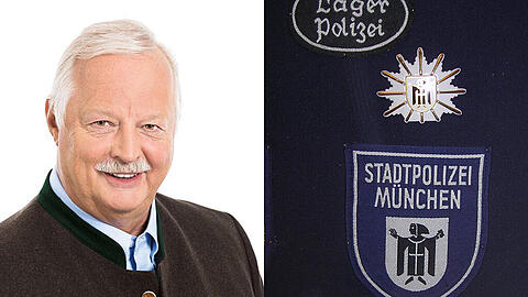 Links: Stadtrat Mario Schmidbauer, der vor wenigen Wochen von der CSU zur Bayernpartei gewechselt ist. Rechts: So sah das Abzeichen der damaligen Stadtpolizei um 1960 aus.