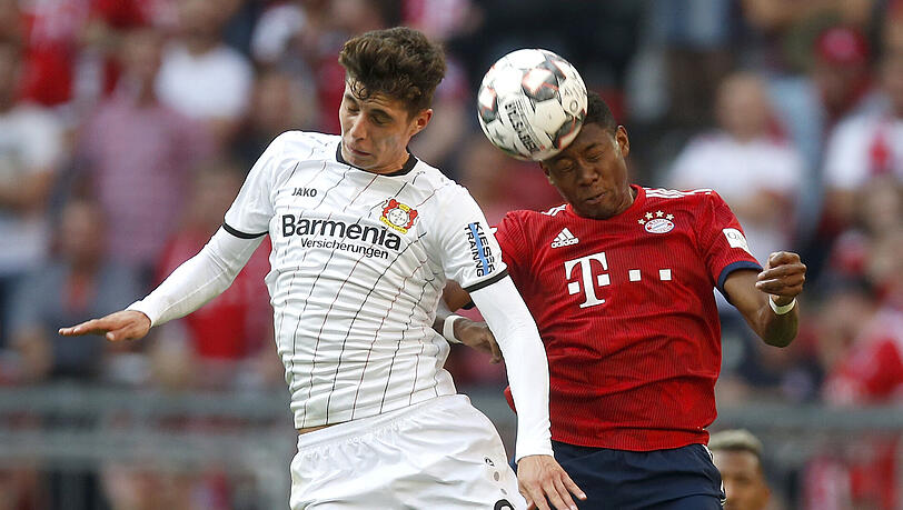 Begehrtes Supertalent: Kai Havertz (li.) von Bayer Leverkusen, hier im Zweikampf mit David Alaba vom FC Bayern. Begehrtes Supertalent: Kai Havertz (li.) von Bayer Leverkusen, hier im Zweikampf mit David Alaba vom FC Bayern.
