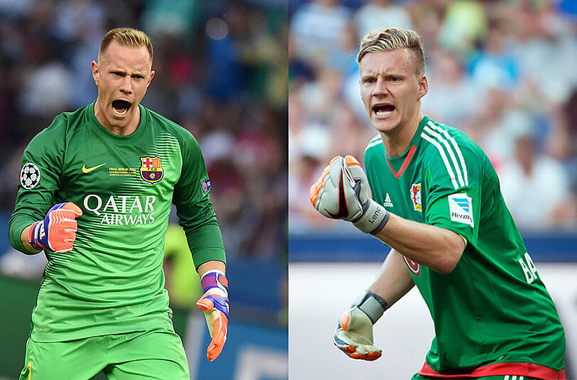 Marc-André ter Stegen (links, FC Barcelona) und Bernd Leno (Bayer 04 Leverkusen) sind schon seit Jahren Rivalen im Kampf um einen Platz bei der deutschen Nationalmannschaft.