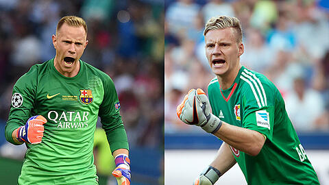 Marc-André ter Stegen (links, FC Barcelona) und Bernd Leno (Bayer 04 Leverkusen) sind schon seit Jahren Rivalen im Kampf um einen Platz bei der deutschen Nationalmannschaft.