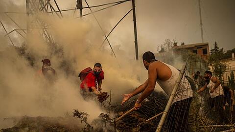 Freiwillige Helfer geben ihr Bestes, um einen Waldbrand n&ouml;rdlich von Athen zu l&ouml;schen.