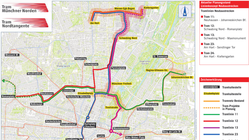 Durch den Englischen Garten hätten drei Linien fahren sollen: Die grüne ist die Tram Nordtangente, sie verbindet Neuhausen mit dem S-Bahnhof in Johanneskirchen. Die lilafarbene Tram 13 fährt vom Maxmonument nach Schwabing Nord. Und die blaue Tram 23 hätte das Neubaugebiet in der ehemaligen Bayernkaserne erschlossen. Alle stehen jetzt vor dem Aus. Durch den Englischen Garten hätten drei Linien fahren sollen: Die grüne ist die Tram Nordtangente, sie verbindet Neuhausen mit dem S-Bahnhof in Johanneskirchen. Die lilafarbene Tram 13 fährt vom Maxmonument nach Schwabing Nord. Und die blaue Tram 23 hätte das Neubaugebiet in der ehemaligen Bayernkaserne erschlossen. Alle stehen jetzt vor dem Aus.