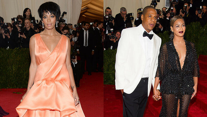 Solange, Jay-Z und Beyoncé (v.l.n.r.) auf dem roten Teppich am Rande der Met-Gala in New York Solange, Jay-Z und Beyoncé (v.l.n.r.) auf dem roten Teppich am Rande der Met-Gala in New York