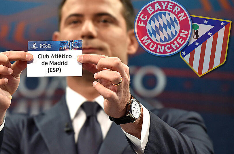 FC Bayern gegen Atletico Madrid: Ex-Inter-Mailand Star Dejan Stankovic hält das Los in die Kamera.