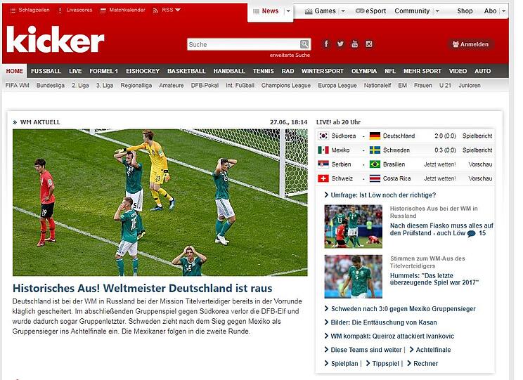 "Historisches Aus! Weltmeister Deutschland ist raus" heißt es beim "kicker".