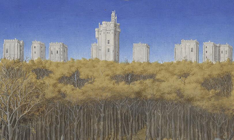 In den Monatsdarstellungen sind lauter Schlösser dargestellt, die der Duc de Berry besaß oder die mit seinem Leben zu tun hatten. Hier sieht man Chateau de Vincennes, dort wurde der Herzog geboren.
