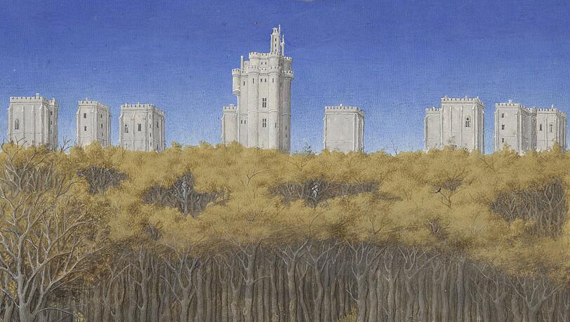 In den Monatsdarstellungen sind lauter Schlösser dargestellt, die der Duc de Berry besaß oder die mit seinem Leben zu tun hatten. Hier sieht man Chateau de Vincennes, dort wurde der Herzog geboren.