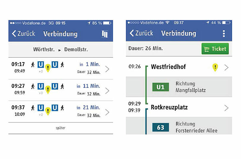 In der Verbindungsansicht weisen gelbe Symbole auf Störungen, Baustellen und Wartungs-arbeiten hin (siehe Abbildungen links). Welche Anlage genau betroffen ist, zeigt der ent-sprechende Stationsplan (rechts).