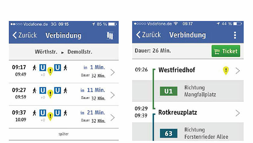In der Verbindungsansicht weisen gelbe Symbole auf Störungen, Baustellen und Wartungs-arbeiten hin (siehe Abbildungen links). Welche Anlage genau betroffen ist, zeigt der ent-sprechende Stationsplan (rechts). In der Verbindungsansicht weisen gelbe Symbole auf Störungen, Baustellen und Wartungs-arbeiten hin (siehe Abbildungen links). Welche Anlage genau betroffen ist, zeigt der ent-sprechende Stationsplan (rechts).