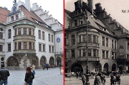 Fußgänger statt Pferdekutschen &ndash; und viel mehr Touristen als früher: Das Hofbräuhaus hat die lange Zeit zwischen den beiden Aufnahmen und vor allem den Krieg gut überstanden.