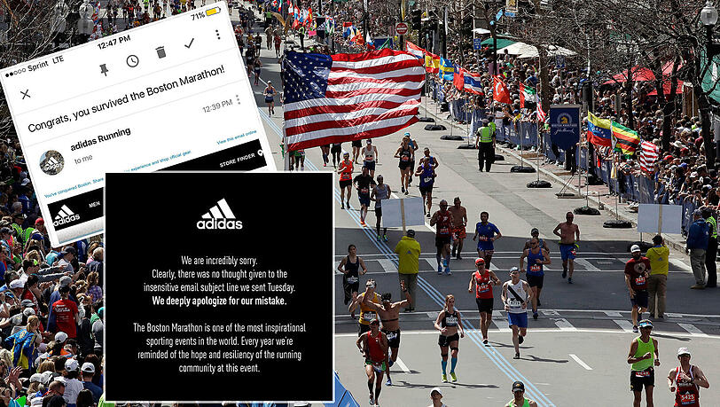 "Du hast den Boston-Marathon überlebt": Diesen Emailbetreff schickte Adidas an alle Teilnehmer. Tags darauf entschuldigte sich das Unternehmen. "Du hast den Boston-Marathon überlebt": Diesen Emailbetreff schickte Adidas an alle Teilnehmer. Tags darauf entschuldigte sich das Unternehmen.