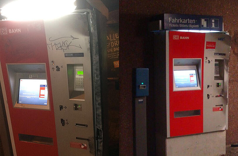 Zum Vergleich: Links der beschädigte Automat in Steinebach, rechts der in Malching - das Vorgehen scheint ähnlich gewesen zu sein.