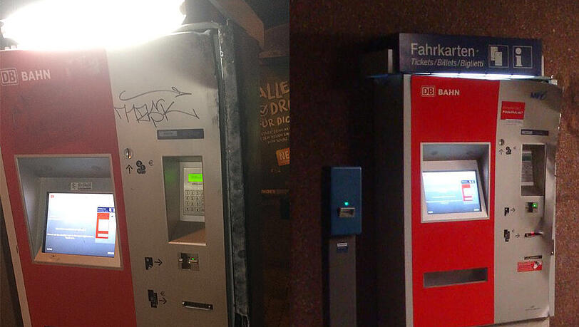 Zum Vergleich: Links der beschädigte Automat in Steinebach, rechts der in Malching - das Vorgehen scheint ähnlich gewesen zu sein. Zum Vergleich: Links der beschädigte Automat in Steinebach, rechts der in Malching - das Vorgehen scheint ähnlich gewesen zu sein.