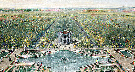 Der Pagodenburg war im 18. Jahrhundert eine regelmäßige Gartenanlage mit Wasserbecken vorgelagert. Gemälde von Franz J. Beich, 1722/23.