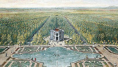 Der Pagodenburg war im 18. Jahrhundert eine regelmäßige Gartenanlage mit Wasserbecken vorgelagert. Gemälde von Franz J. Beich, 1722/23. Der Pagodenburg war im 18. Jahrhundert eine regelmäßige Gartenanlage mit Wasserbecken vorgelagert. Gemälde von Franz J. Beich, 1722/23.