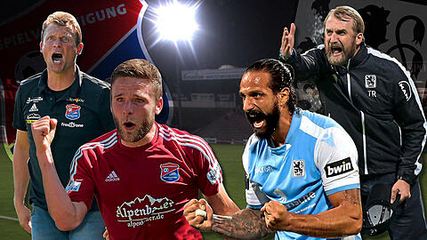 Vier (mögliche) Protagonisten des Derbys (v.l.): Haching-Trainer Claus Schromm mit Dominik Stahl sowie Löwen-Coach Daniel Bierofka und Antonio Grimaldi.