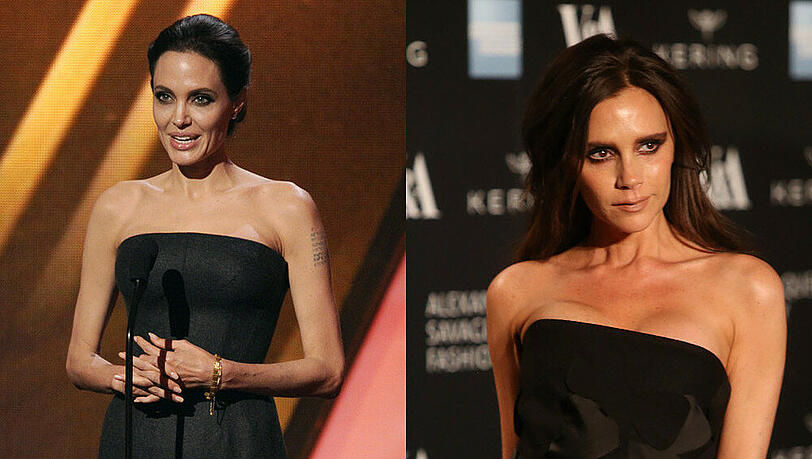 Angelina Jolies (39, l.) Figur erinnert eher an die einer alten Frau, während Victoria Beckham (41) mit ihren dunklen Augen in die Totenkopf-Schminkfalle getappt ist Angelina Jolies (39, l.) Figur erinnert eher an die einer alten Frau, während Victoria Beckham (41) mit ihren dunklen Augen in die Totenkopf-Schminkfalle getappt ist