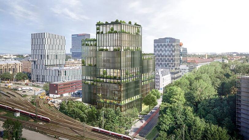 Neues Tor zur Stadt: Der aktuelle Entwurf für das große Bürohaus an der Rosenheimer Straße punktet mit grünen Lamellen.