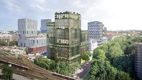 Neues Tor zur Stadt: Der aktuelle Entwurf für das große Bürohaus an der Rosenheimer Straße punktet mit grünen Lamellen.